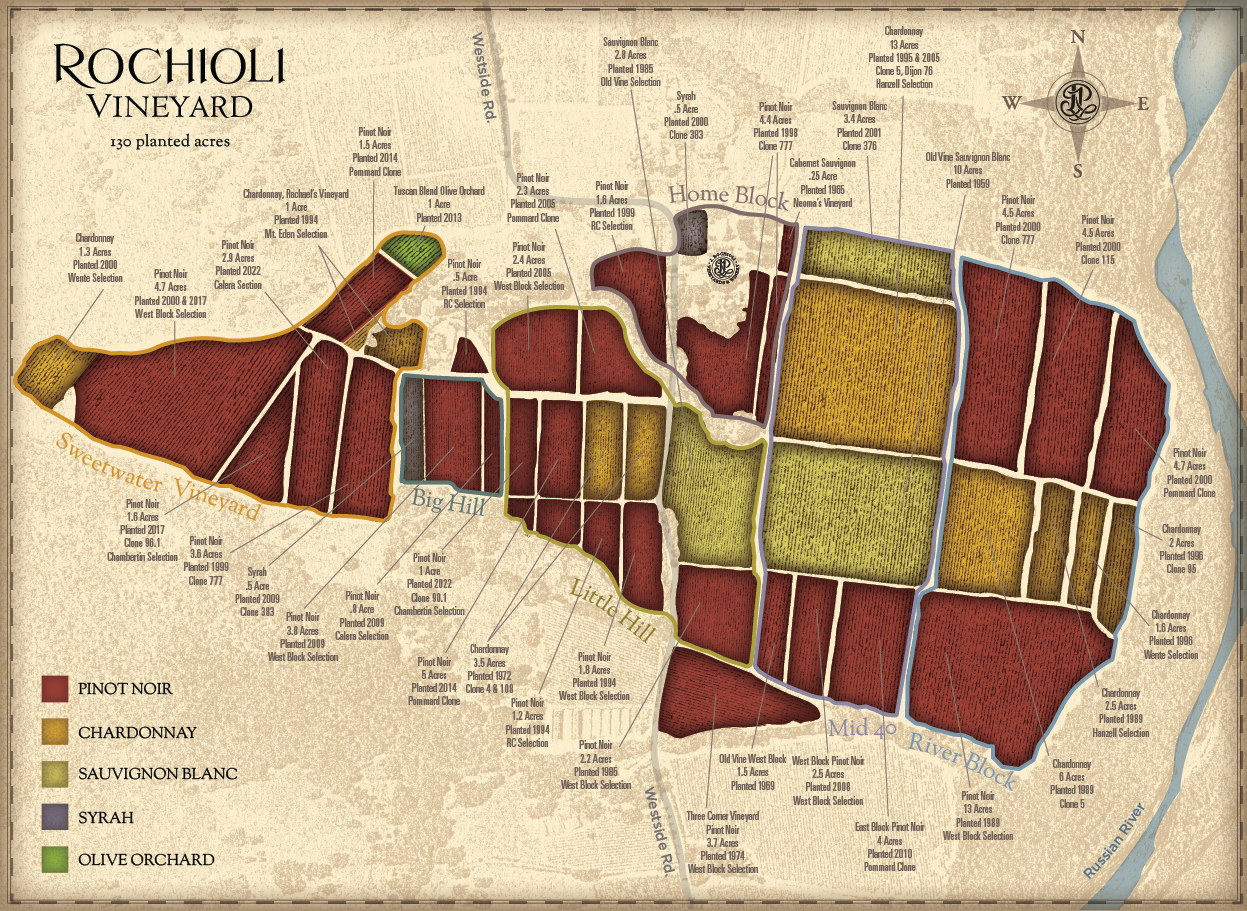 Map of the Rochioli Estate showing vineyards